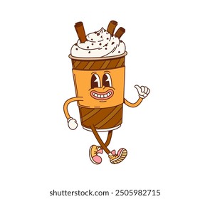 Retro groovy coffee milkshake dessert character. Isolated cartoon vector carton cup personage with a big smile, topped with whipped cream and chocolate sticks, giving a thumbs-up and wearing sneakers