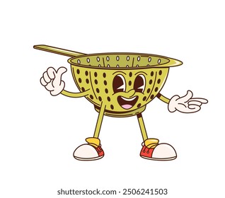 Retro groovy colander or kitchenware utensil character, vector cartoon funky comic. Groovy funny colander or strainer sieve with happy smile on face for kitchen or cooking utensil emoji character