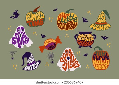 Retro groovy colored lettering in halloween shapes. Typographic flat isolated stickers or printouts . Holiday creepy and funky slogans. Hand drawn quotes. Ideal for tshirt print, decoration