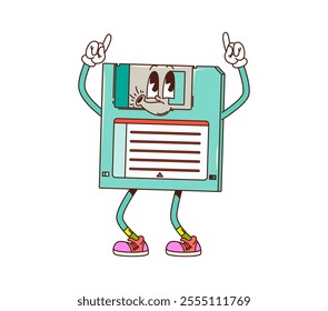 Retro groovy computer diskette character. Isolated cartoon vector vintage floppy disk personage with a happy face, wearing hippie sneakers, standing with raised fingers exudes nostalgic y2k vibes