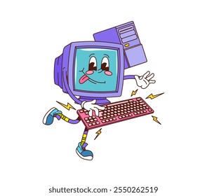 Retro groovy monitor de computadora tecleando caracteres en el teclado. Personaje vintage de la PC del Vector de la historieta que captura el ambiente nostálgico de la electrónica de la vendimia con la pantalla azul, las zapatillas de deporte de la vieja escuela y la cara estrafalaria