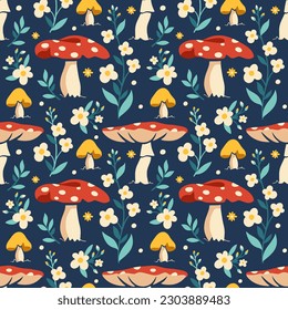 Retro groovy cottagecore seamless pattern with mushrooms, herbs and flowers.Bloom concept with agaric, amanita, daisy. Tile illustration for fabric, paper.Vintage fun 60s, 70s style background