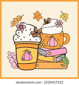 Retro Groovy Cozy Fall Vibe with Pumpkin Spice Drinks Kid Friendly Doodle Illustration