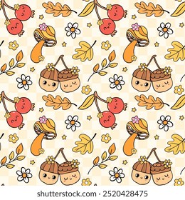 Retro Groovy Cozy Fall Vibe Autumn Seamless Pattern checkered background