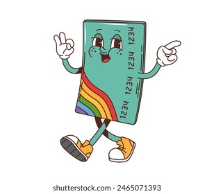 Retro groovy credit bank card character. Isolated cartoon vector playful personage with smiling face and rainbow stripes, giving an ok and pointing gesture, displays cheerful vibes in banking finance