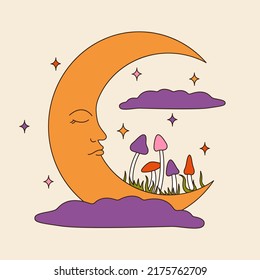 Retro Groovy Crescent With Mushrooms And Clouds. 60s And 70s Vibes Psychedelic Vector Clipart. Cartoon Hippie Half Moon. Vintage Boho Illustration. Abstract Trippy Art