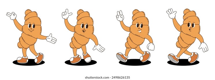Retro groovy croissant characters set. 
