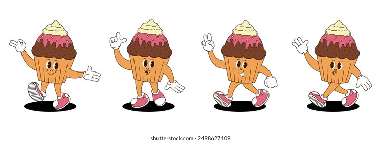 Retro groovy cupcake characters set. 