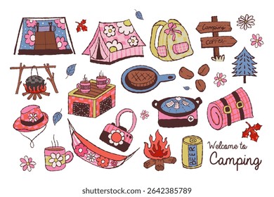 Retro groovy cute camping elements isolated on white background. Vector illustration.