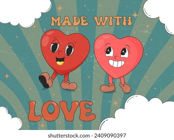 Retro, groovy cute cartoon couple heart character and cloud illustration, vintage texture vector art. print with motivational slogan for graphic card, tee t shirt, street wear, or poster sticker -