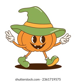 Retro groovy cute halloween pumpkin sticker. Cartoon character in trendy retro style. 