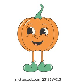 Retro groovy cute pumpkin character. Retro mascot sticker. Autumn fall garden concept.