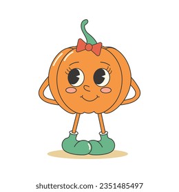 Retro groovy cute pumpkin character. Retro mascot sticker. Autumn fall garden concept.	
