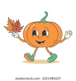 Retro groovy cute pumpkin character with autumn colorful maple leaves. Retro mascot sticker. Autumn fall garden concept.	
