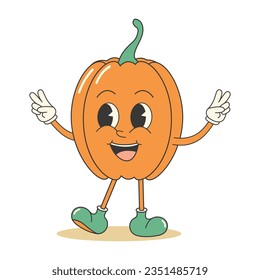 Retro groovy cute pumpkin character. Retro mascot sticker. Autumn fall garden concept.	
