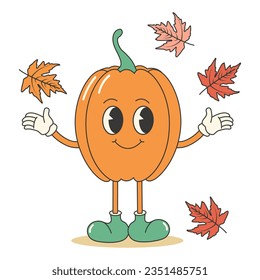 Retro groovy cute pumpkin character with autumn colorful maple leaves. Retro mascot sticker. Autumn fall garden concept.	
