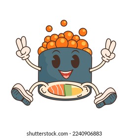 El retro groovy lindo personaje de sushi. La comida asiática. Un estilo hippie a la moda. Vibes 70. Ilustración aislada.