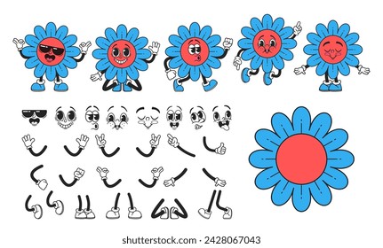 Retro Groovy Daisy Cartoon Character Builder. Vector Collection Of 70s-inspired Comic Chamomile Expressions, Limbs