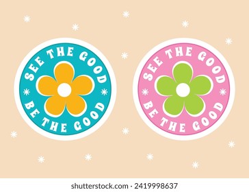  retro groovy daisy flower stickers. vintage hippy style element vector set.