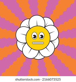 Retro groovy daisy with neutral face on a colorful background with wavy rays. Vintage 70s illustration for graphic t shirt prints design