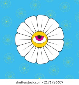 Retro groovy daisy with pink eye in the center on a blue background with pattern. Vintage 70s illustration for graphic t shirt prints design