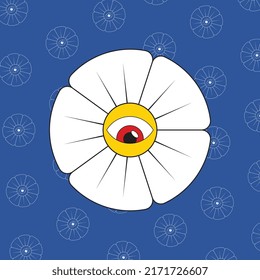 Retro groovy daisy with red eye in the center on a deep blue background with pattern. Vintage 70s illustration for graphic t shirt prints design