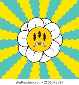 Retro groovy daisy with sad face on a colorful background with wavy rays. Vintage 70s illustration for graphic t shirt prints design