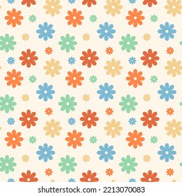 Modalidad retro groovy sin fisuras en beige. Vibes de los años 70 fondo floral para ropa de cama o diseño textil para niños