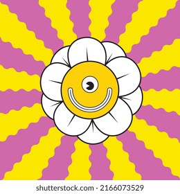 Daisy retro groovy con cara sonriente sobre un fondo colorido con rayos wavy. Ilustración vintage de los años 70 para diseño gráfico de impresiones de camisetas