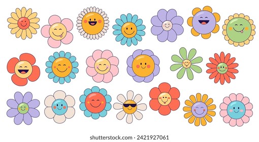Retro groovy daisy sunflower cute happy flower characters. Vintage and funky flowers, cute chamomile happy smiling faces in sunglasses isolated vector cartoon personages set