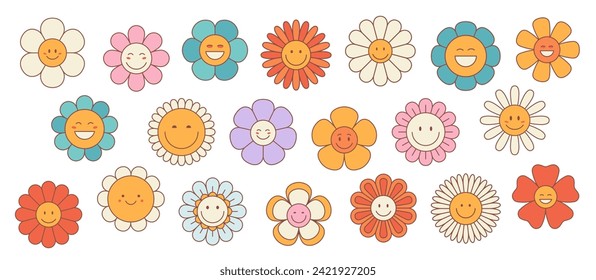 Retro groovy daisy and sunflower flowers or cute happy characters, cartoon vector. Funny chamomile or daisy flower face emotions and emoticons, happy hippie camomile laughing with colorful petals