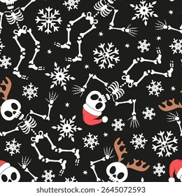 Retro Groovy Dança esqueletos em Santa Chapéus e renas Antlers com crânio flocos de neve Halloween vetor mistura sem emenda padrão. Perfeito para papel de embrulho de férias alternativo, sazonal assustador