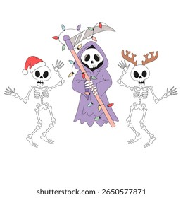 Retro Groovy Dancing Skeletons in Santa hat and with reindeer antlers and a Grim Reaper with Scythe Wrapped in Christmas Garland vector illustration set isolated on white. Ideal for Halloween meets