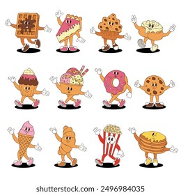 Retro groovy desserts and bakery characters set. Donut, cupcake, waffle, cheesecake, bun, ice cream, cookie, croissant, popcorn, pancakes. 