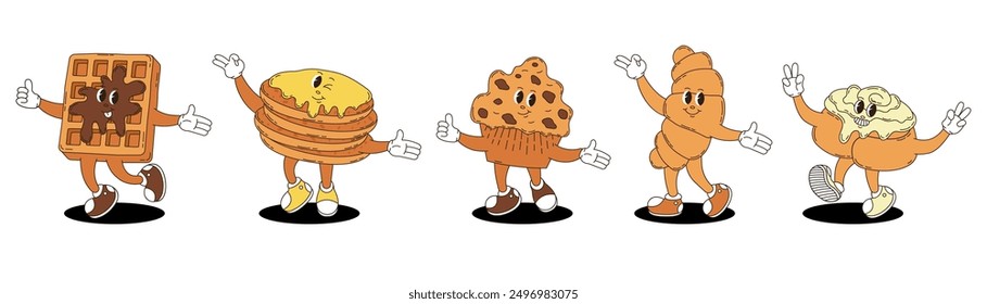 Conjunto de personajes de postres retro. Waffle, panqueques, cupcake, croissant, canela.