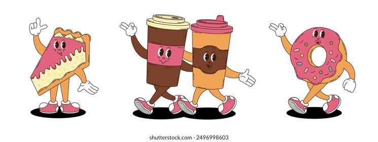 Retro groovy desserts and coffee characters set. Coffee, donut, cheesecake.