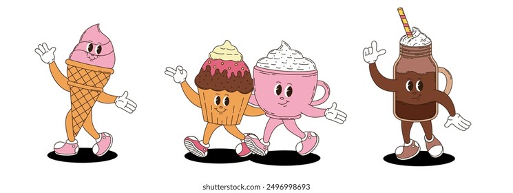 Retro groovy desserts and coffee characters set. Coffee, cupcake, ice cream.