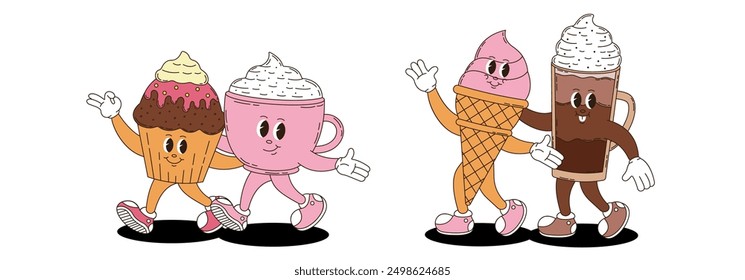 Retro groovy desserts and coffee characters set. Coffee, cupcake, ice cream.