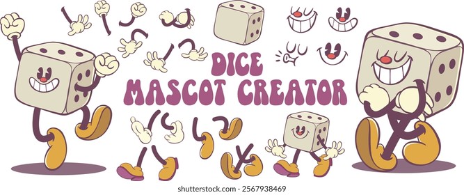 Retro groovy dice character creation kit, game cube mascot parts, vintage cartoon character creator