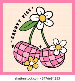 Retro groovy dico ball pink cherries with flower doodle line drawing