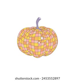 Retro groovy disco ball in the form of Halloween pumpkin vector illustration isolated on white. Hand drawn linear style gourd mirror ball print poster postcard design. October 31st Halloween holiday