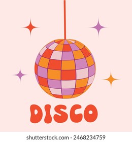 Retro Groovy disco ball in orange, red and pink with  little stars on white background . Disco vintage poster for retro 70s parties