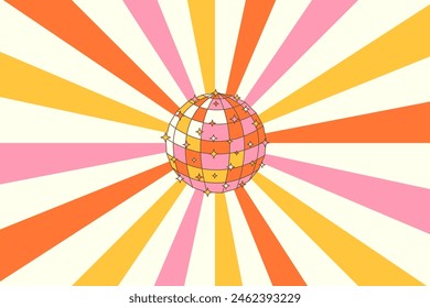 Retro groovy disco ball in trendy vintage colors with sunburst background. Disco vintage poster for retro 70s parties