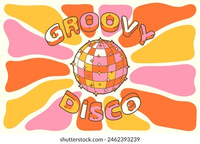 Bola de discoteca retro groovy en colores vintage de moda con fondo sunburst. Póster vintage de Disco para fiestas retro de los 70