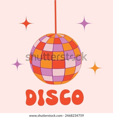 Retro Groovy disco ball vector in orange, red and pink with  little stars on white background . Disco vintage poster for retro 70s parties