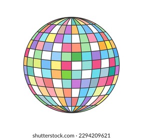 Retro groovy disco ball. Vintage hippie cartoon colorful mirrored discotheque sphere sticker. Hippy style trendy y2k funky vector isolated eps illustration