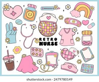 Retro groovy Disco nurse life with trendy vibrant pastel equipment doodle line drawings collection.
