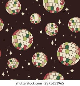 disco de groovic retro sin costuras en el fondo oscuro con bolas de disco y estrellas brillantes
