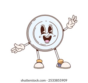 Retro groovy dish plate, cartoon funny kitchenware or kitchen utensil, vector character. Groovy funky ceramic plate with happy smile on face for kitchenware and dishware cartoon emoji character