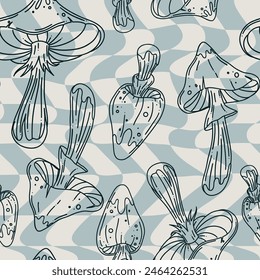 Retro groovy distorted checkered seamless pattern with outline mushrooms on monochrome colors. Hand drawn illustration